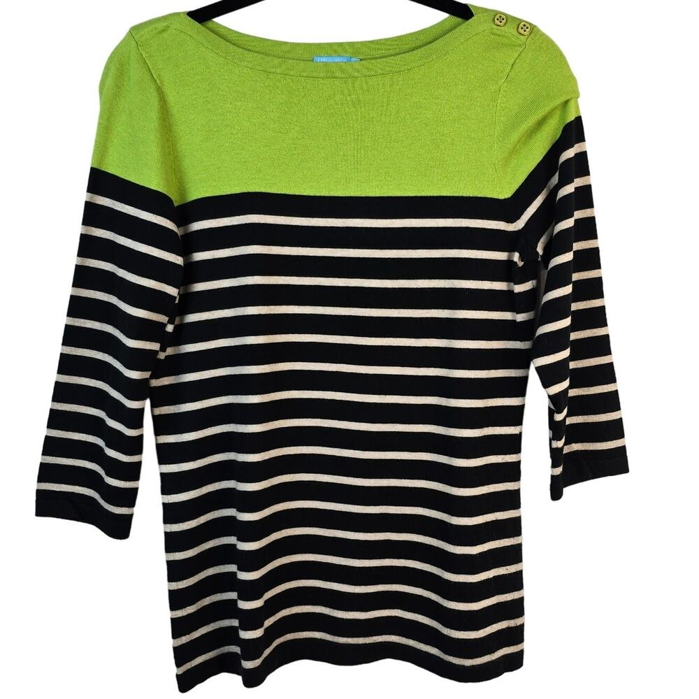 J Mclaughlin Sweater Women's S Green Black Tan Stripe Coastal Preppy Classic